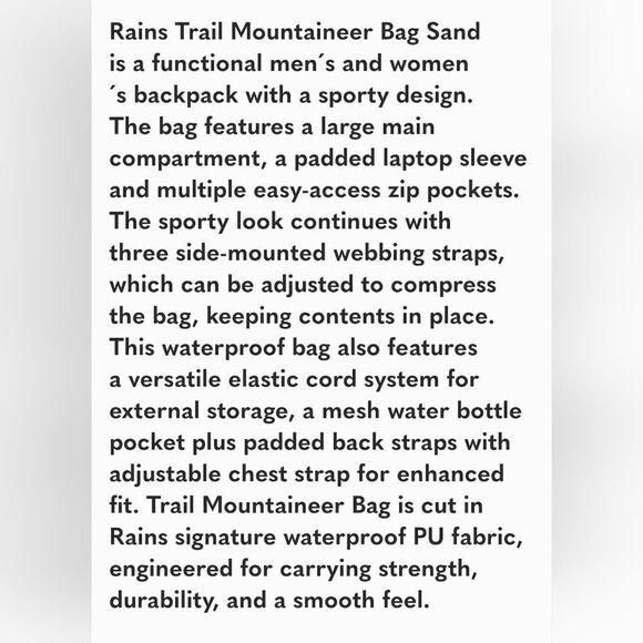 $170 RAINS MOUNTAINEER TRAIL WATERPROOF LAPTOP TAN BLACK BACKPACK TRAVEL BAG NEW - Picture 3 of 4